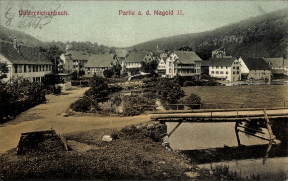 Postcard Unterreichenbach in the Black Forest, panoramic view, houses, river, bridge, nature