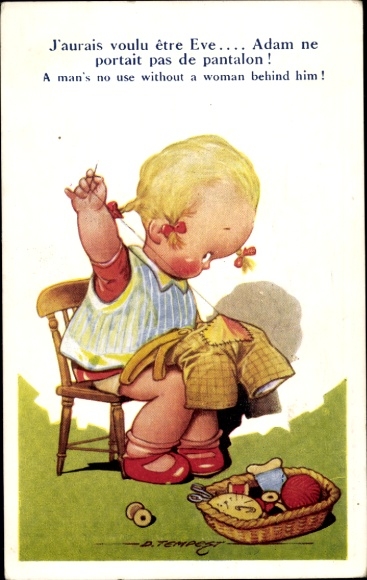 Artist Postcard Tempest, D., Girl Sewing