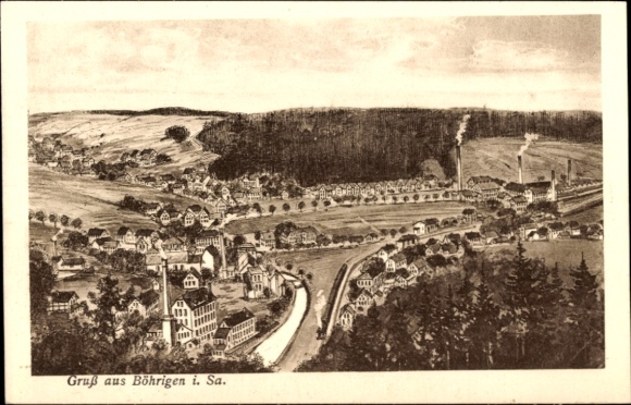 Ak Böhrigen Striegistal Sachsen, Ansicht von Böhrigen i. Sa., Hügel, Häuser, Fluss, Industrie, La