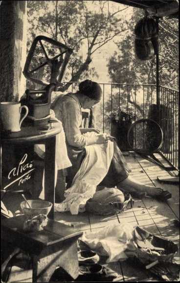 Postcard Woman in Portuguese costume sewing, terrace
