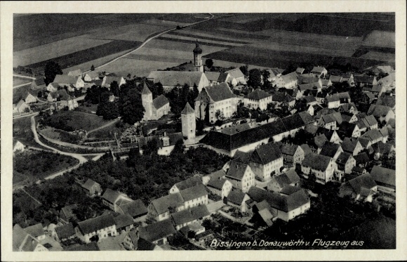 Postcard Bissingen in Swabia Bavaria, aerial view of Bissingen, village view, church, fields