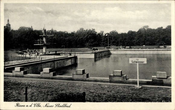 Postcard Riesa Elbe, new city pool, pool for swimmers, diving tower