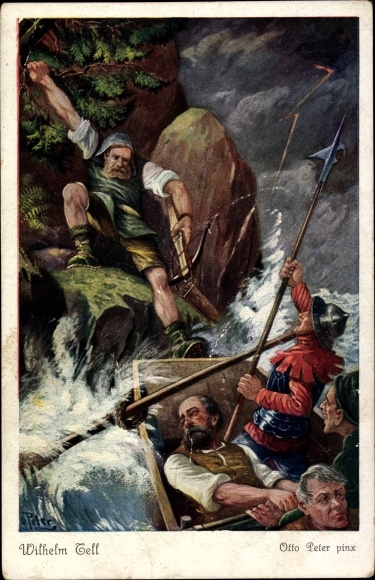 Kunstenaarskaart Peter, O., Wilhelm Tell, ontsnapping uit de Herrenschiff