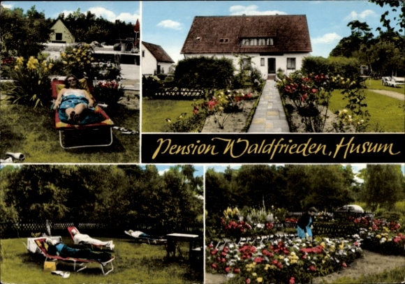 Ak Husum in Nordfriesland, Pension Waldfrieden, Garten, Liegen, Blumenbeete, entspannende Atmosph