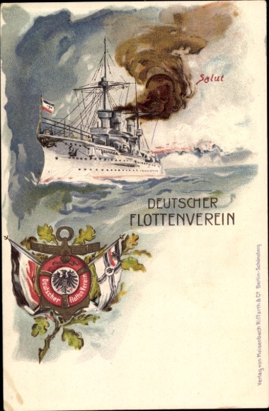 Chromo-Litho German Fleet Association, German warship, salute, flags, Imperial Navy