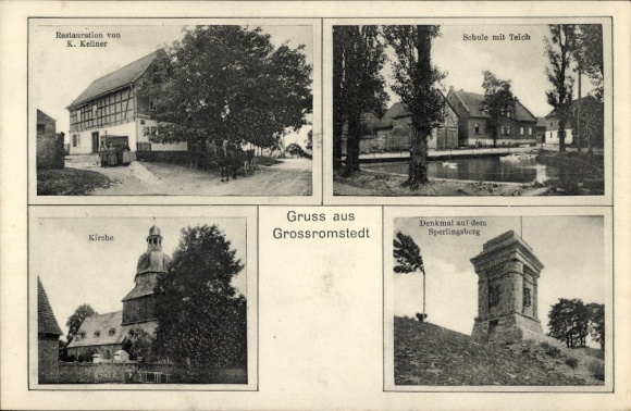 Ak Großromstedt Bad Sulza in Thüringen, Gasthaus, Schule, Teich, Kirche, Denkmal
