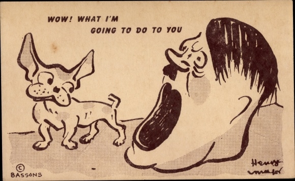Künstler Ak Wow, what I'm going to do to you, Hitler mit geöffnetem Mund, Hund, Karikatur, Bassons