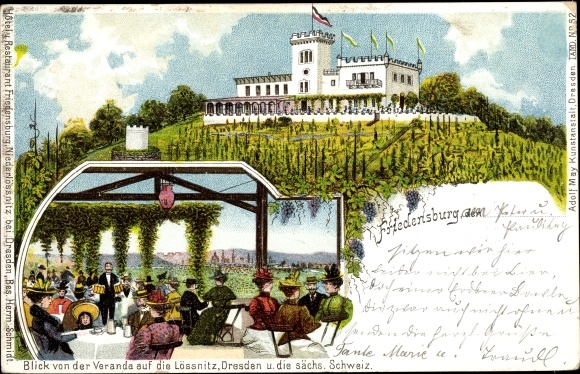 Chromo-Litho Radebeul in Saxony, Friedensburg mountain inn, view from the veranda