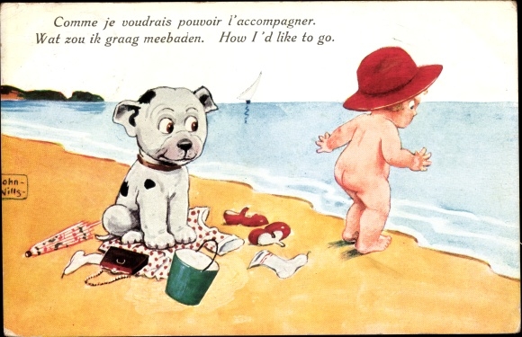 Artist Postcard Wills, John, child on the beach, dog
