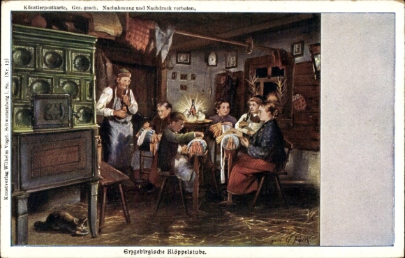 Artist Postcard Falk, G., Erzgebirge lacemaking studio, tiled stove