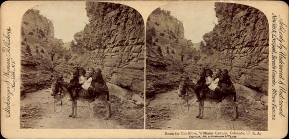 Stereo Foto Williams Canyon Colorado USA, Kinder auf einem Esel