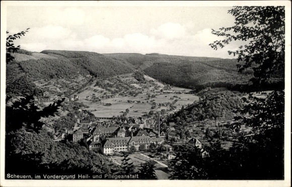Postcard Scheuern Nassau an der Lahn, sanatorium and nursing home, landscape view, mountains, clouds