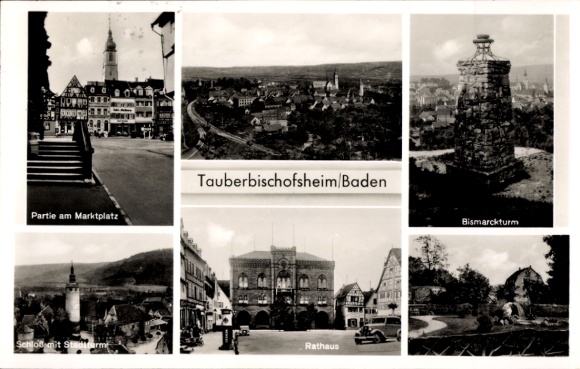 Postcard Tauberbischofsheim Baden, Bismarck Tower, castle with city tower, town hall, market square