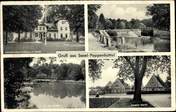 Ansichtkaart Hamburg Wandsbek Sasel Poppenbüttel, slot, markt, Alsterpartie, gemeentebestuur