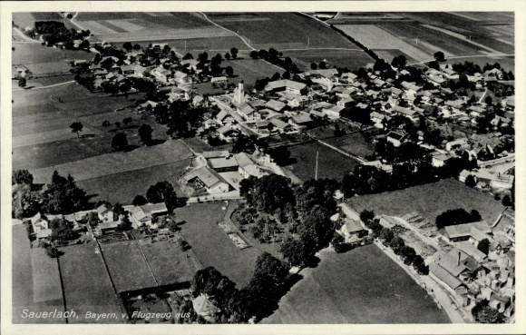 Postcard Sauerlach in Upper Bavaria, aerial view of Bavaria, land structure, houses, streets