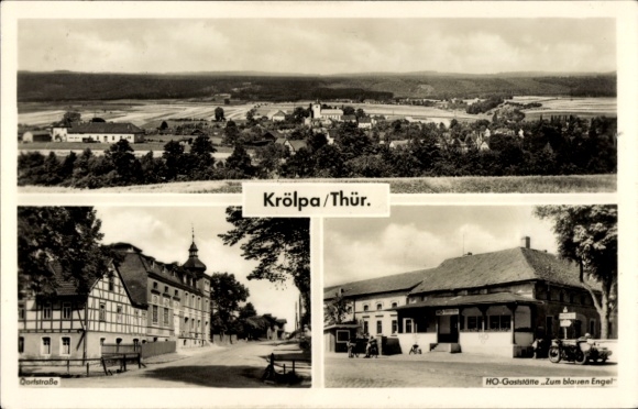Ak Krölpa in Thüringen, Dorfstraße, Krölpa/Thür., HO-Gaststätte 'Zum blauen Engel', Landschaft