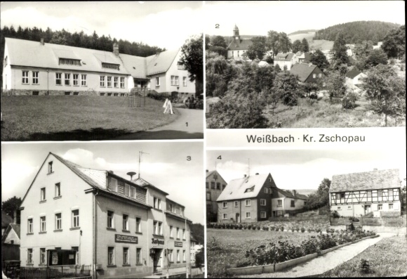 Postcard Weißbach Amtsberg in the Ore Mountains, Kindergarten, partial view, Town Hall, Am Park