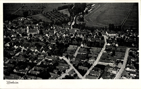 Postcard Iffezheim am Rhein, aerial photograph