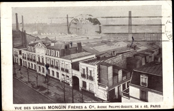 Postcard Paris XI. Popincourt district, View of the Mongin Freres factories, Avenue Philippe Auguste