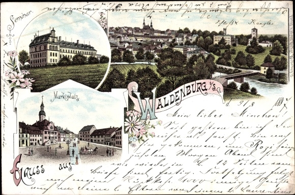 Chromo-Litho Waldenburg in Saxony, market place, seminar, total view