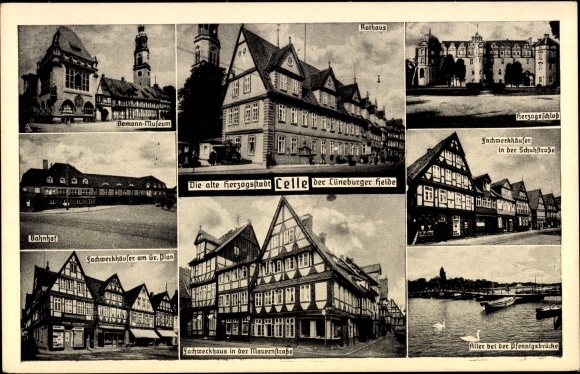 Postcard Celle in Lower Saxony, town hall, train station, ducal castle, museum, Allerpartie