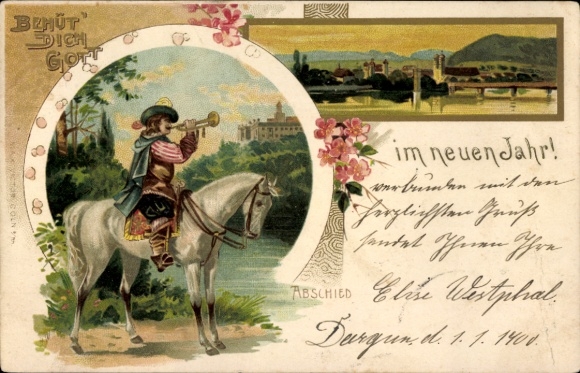 Chromo-Litho Happy New Year, Trumpeter of Säckingen on Horseback