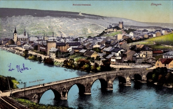 Postcard Bingen am Rhein, bridge over the Nahe, national monument, city view of Bingen