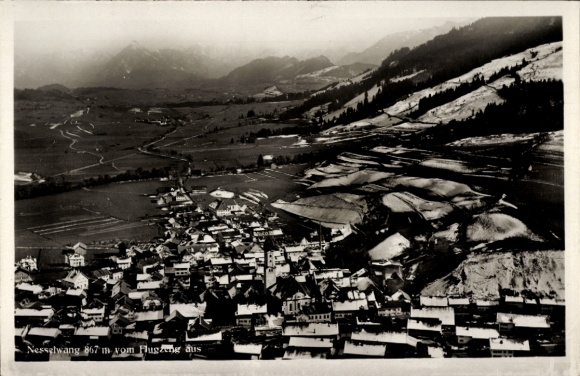 Postcard Nesselwang in Allgäu, panorama of mountain landscape, graphics