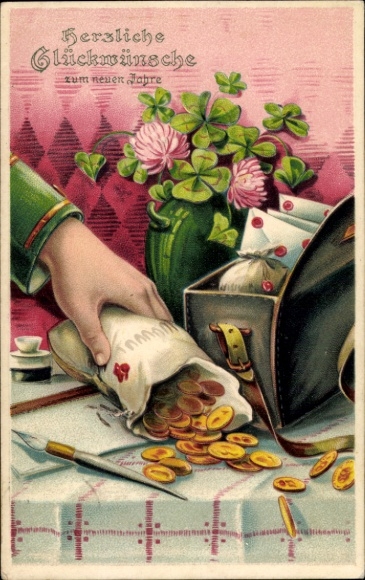 Embossed PC Happy New Year, fountain pen, coins, lucky clover