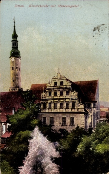 Ak Zittau in Sachsen, Klosterkirche, Museumgiebel, Ansicht von Gebäuden, Uhrturm