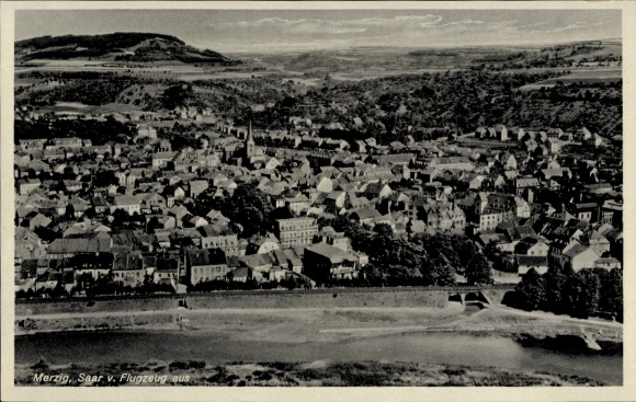 Postcard Merzig on the Saar, aerial view of Saar, city view, bridge