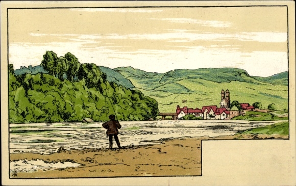 Artist Postcard Thoma, H., Landscape, German Coloring Book, Man at the River, Fishing Rod
