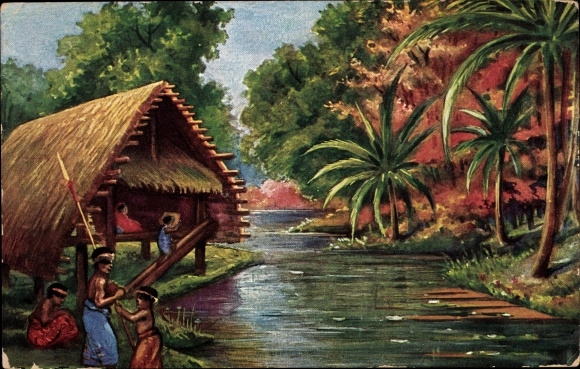 Kunstenaar ansichtkaart Baumgarten, Fritz, Neumecklenburg Nieuw-Ierland Papoea-Nieuw-Guinea, koloniale krijger bedankt