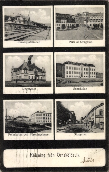 Postcard Örnsköldsvik Sweden, train station, track view, Storgatan, Samskolan, Folkskolan