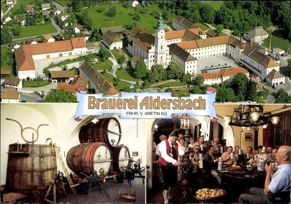 Postcard Aldersbach in Lower Bavaria, aerial view of the brewery, fermentation vat, storage barrels, cozy gathering in the Br