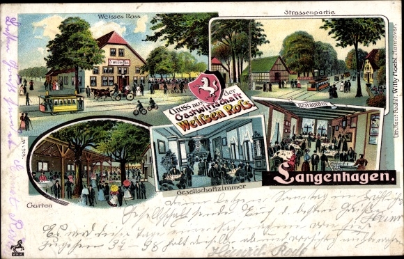 Chromo-Litho Langenhagen in Lower Saxony, restaurant zum Weißen Ross, street area, garden