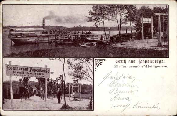 Postcard Nieder Neuendorf Hennigsdorf Oberhavel, Restaurant Papenberge, salon steamer, landing stage