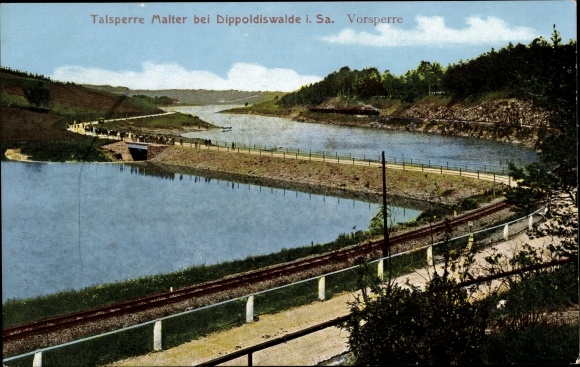 Postcard Malter Dippoldiswalde in the Eastern Ore Mountains, dam, pre-dam, railway tracks