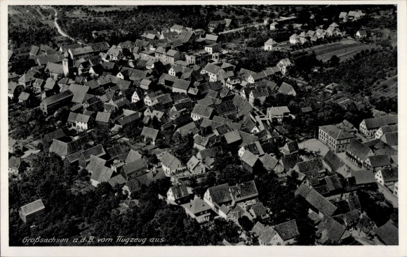 Postcard Großsachsen Hirschberg an der Bergstraße, aerial view of many roofs, houses, church
