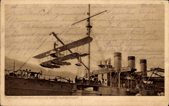Postcard French naval aircraft is picked up, German warship