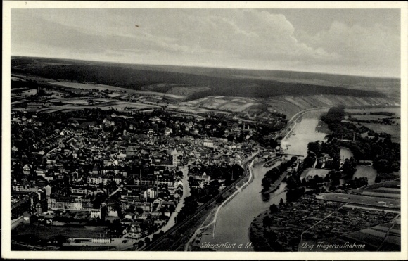 Postcard Schweinfurt in Lower Franconia Bavaria, Schlachtschüssel, aerial view of river and city view