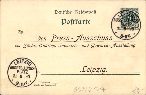 Wapenschild postwaardestuk litho Leipzig, Saksisch. Thüringen. Industriële en commerciële tentoonstelling 1897, grote hal