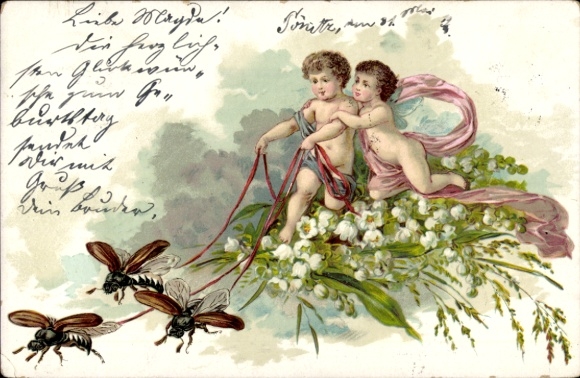 Chromo-Litho spring greeting, cockchafer, elves, lily of the valley