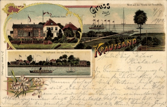 Chromo-Litho Elbe island Krautsand Drochtersen in the district of Stade, Buhrfeind's Hotel, sea-going vessels' mooring