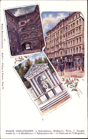 Artist PC Hofbauer, Franz Grillparzer, birthplace Vienna farmers market 10, death house, memorial