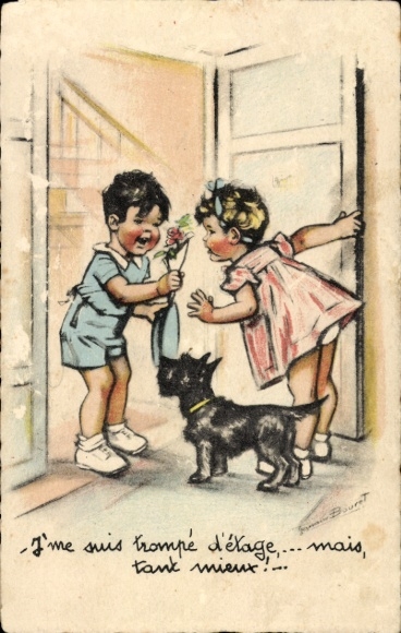 Artist Postcard Bouret, Germaine, Boy gives girl a flower, Terrier