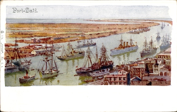 Artist Postcard Port Said Egypt, Panorama, Warships