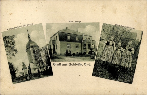 Postcard Schleife in Upper Lusatia, war memorial, church, Villa Lehnigk, Wendish girls