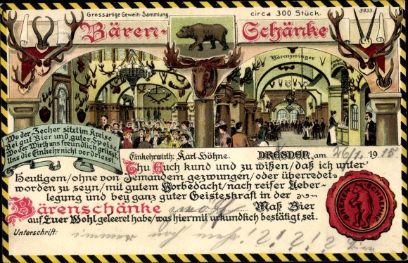 Chromo-Litho Dresden, antler collection of the Bärenschänke, landlord Karl Höhne, seal