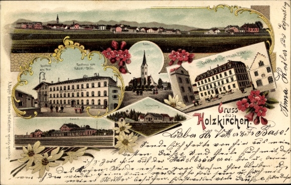 Chromo-Litho wooden churches in Upper Bavaria, church, inn at the new post office, train station, panorama